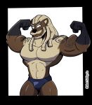  abs anthro athletic biceps big_muscles bottomwear clothed clothing dreadlocks facial_hair fur hair looking_at_viewer lutrine male mammal mattvalkyrie maverick_gunshow muscular muscular_anthro muscular_male mustelid pecs pose solo tattoo topless 