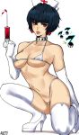  1girl alecto_0 bikini black_hair breasts choker collarbone earrings elbow_gloves gloves hat high_heels highres jewelry medium_breasts micro_bikini musical_note navel nurse_cap one_knee parted_lips persona persona_5 red_cross red_eyes short_hair skindentation solo stiletto_heels studded_choker swimsuit syringe takemi_tae thighhighs white_background white_bikini white_legwear 