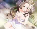  1girl :3 animal_ears bangs bare_shoulders blurry blurry_background breasts brown_hair buuta cat_ears cleavage day green_eyes long_hair looking_at_viewer medium_breasts necogurashi official_art onsen outdoors parted_bangs solo steam tail towel water 