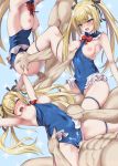  1boy 1girl azur_lane bangs blonde_hair blue_eyes blue_leotard blush breasts dead_or_alive dead_or_alive_5 frilled_leotard frills hair_ornament hair_ribbon hetero leotard long_hair looking_at_viewer marie_rose multiple_views open_mouth ribbon sex small_breasts twintails urayama_(backmountain) x_hair_ornament 