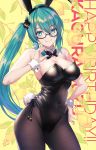  .live 1girl animal_ears breasts bunny_girl character_name cleavage collarbone commentary_request fake_animal_ears fukai_ryosuke glasses green_eyes green_hair hair_ornament highres kagura_suzu_(.live) large_breasts looking_at_viewer navel pantyhose ribbon side_ponytail virtual_youtuber 