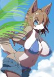  2020 accessory anthro big_breasts bikini blue_eyes blush bodily_fluids bottomwear breasts brown_body brown_fur brown_hair brown_nose canid canine canis cleavage clothed clothing cloud cute_fangs domestic_dog female fluffy fluffy_tail fur hair hair_accessory hairclip hands_behind_back hi_res inner_ear_fluff kemono koorinezumi mammal multicolored_body multicolored_fur navel nipple_outline outside partially_clothed portrait shorts shorts_down sky solo sweat sweatdrop swimwear three-quarter_portrait tuft unbuttoned white_body white_fur 