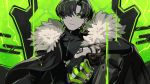  1boy absurdres black_cloak black_gloves black_hair bracelet character_request cloak closed_mouth crown earrings fur-trimmed_cloak fur_trim gloves green_eyes green_theme hair_over_one_eye half_gloves highres holding holding_crown jewelry liquid male_focus nemoto_yuuma original single_earring solo turtleneck virtual_youtuber zipper zipper_pull_tab 