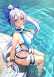  1girl bangs blue_bow blue_swimsuit bow breasts fate/grand_order fate_(series) hair_between_eyes hair_bow highleg highleg_swimsuit highres large_breasts long_hair looking_at_viewer one-piece_swimsuit ponytail red_eyes silver_hair solar_(happymonk) swimsuit thighs tomoe_gozen_(fate/grand_order) tomoe_gozen_(swimsuit_saber)_(fate) two-tone_swimsuit white_swimsuit 