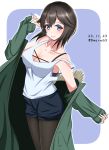  1girl alternate_costume black_hair black_legwear black_shorts blue_eyes blush breasts casual cleavage coat cowboy_shot dated green_coat hachiware_(8ware63) hayasui_(kantai_collection) highres kantai_collection large_breasts looking_at_viewer open_clothes open_coat pantyhose short_hair shorts smile solo tank_top twitter_username white_tank_top 