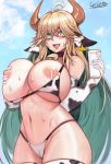  1girl absurdres ahoge animal_ears animal_print artist_name bangs bell bell_choker bikini blonde_hair blush breasts carcass_(artist) choker colored_inner_hair cow_ears cow_girl cow_horns cow_print cowbell day ear_tag elf elven_forest_maker glass green_hair hair_between_eyes heart heart-shaped_pupils highres horns huge_breasts lactation last_origin long_hair looking_at_viewer milk multicolored_hair navel nipple_slip nipples open_mouth outdoors pointy_ears sky smile solo swimsuit symbol-shaped_pupils thighhighs very_long_hair wide_hips 
