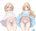  alternate_costume artist_logo ass_visible_through_thighs bangs blonde_hair blue_eyes commentary_request cowboy_shot dress flat_chest from_below highres janus_(kantai_collection) kantai_collection looking_at_viewer panties parted_bangs see-through short_hair t2r underwear white_dress white_panties 