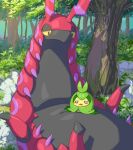  blush_stickers commentary_request day gen_5_pokemon grass looking_at_another looking_down lying makoto_ikemu no_humans o_o on_back open_mouth outdoors pokemon pokemon_(creature) scolipede shadow swadloon tree 