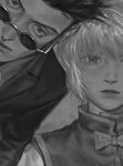  2boys bangs formal grey_background greyscale hunter_x_hunter jacket kurapika leorio_paladiknight lips looking_at_viewer male_focus monochrome multiple_boys parted_lips round_eyewear shirt short_hair suit sunglasses umi_(k_mpk) upper_body 