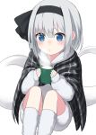  alternate_costume arm_rest bangs black_shawl blowing blue_eyes blush commentary cup eyebrows_visible_through_hair feet_out_of_frame hair_ribbon holding holding_cup hood hood_down hoodie knees_up konpaku_youmu konpaku_youmu_(ghost) leg_warmers looking_at_viewer o3o plaid_shawl ribbon short_hair shorts silver_hair simple_background sitting steam suzuno_naru touhou white_background white_hoodie white_shorts 