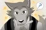  ? ambiguous_gender anthro beastars canid canine canis clothed clothing disembodied_hand dotted_background duo first_person_view fur humanoid_hands legoshi_(beastars) looking_at_viewer male mammal meme pattern_background simple_background sparkles sparkling_eyes speech_bubble tailwag thediyemi wolf 