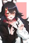  1girl :d absurdres animal_ear_fluff animal_ears appo_(36786257) black_hair blush collar glasses hair_ornament highres hololive hood hood_down hoodie long_hair long_sleeves looking_at_viewer multicolored_hair ookami_mio open_mouth orange_eyes pink_background red-framed_eyewear red_hair semi-rimless_eyewear smile solo streaked_hair two-tone_background two-tone_jacket under-rim_eyewear upper_body virtual_youtuber white_background wolf_ears 