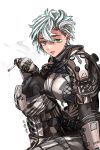  1girl armor artist_name blue_hair breasts cigarette earrings grey_eyes highres holding holding_cigarette jewelry kotone_a lip_piercing looking_at_viewer medium_breasts multicolored_hair open_mouth piercing pilot_(titanfall_2) science_fiction short_hair silver_hair smoking solo streaked_hair titanfall_(series) titanfall_2 white_background 