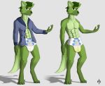  4_toes 5_fingers abs absurd_res ambiguous_gender anthro barefoot biped bodily_fluids canid canine clothed clothing diaper duo fingers fluffy fluffy_tail fur genital_fluids green_body green_fur hi_res jacket looking_at_viewer male mammal partially_clothed realmonster red_eyes simple_background solo standing toes topwear urine watersports wet_diaper wetting 
