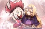  2girls :d ;) bangs blonde_hair blue_eyes braid braided_ponytail breasts closed_mouth eyebrows_visible_through_hair fate/grand_order fate_(series) flower gauntlets gloves hair_between_eyes hat headpiece holding_hands interlocked_fingers jeanne_d&#039;arc_(fate) jeanne_d&#039;arc_(fate)_(all) lens_flare long_hair marie_antoinette_(fate/grand_order) medium_breasts multiple_girls no-kan one_eye_closed open_mouth ponytail red_flower red_gloves red_headwear red_rose rose shiny shiny_hair silver_hair sleeveless smile sparkle upper_body very_long_hair yuri 