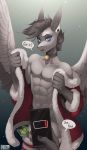  2020 abs absurd_res anthro bell bell_collar black_hair blue_eyes christmas collar convenient_censorship dialogue disembodied_hand duo english_text equid equine fan_character feathered_wings feathers fur grey_body grey_feathers grey_fur grey_wings hair hi_res holding_object holding_phone holidays looking_at_viewer male mammal money mostly_nude muscular muscular_anthro muscular_male navel open_mouth pecs pegasus phone pinup portrait pose signature simple_background solo_focus sparklyon3 spectrum_storm talking_to_viewer text three-quarter_portrait wings 