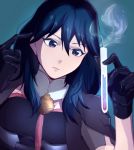  1girl absurdres bangs black_gloves blue_eyes blue_hair byleth_(fire_emblem) byleth_(fire_emblem)_(female) fire_emblem fire_emblem:_three_houses gloves grey_background hair_between_eyes hair_twirling highres holding parted_lips saba_shiono0141 shiny shiny_clothes shiny_hair short_sleeves smoke solo test_tube upper_body 