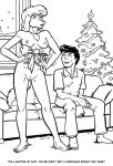 anthro barely_visible_genitalia beagle bottomwear bow_ribbon canid canine canis christmas christmas_tree clothing domestic_dog english_text eye_roll female furniture genitals hands_on_hips henrietta_hound holidays human hunting_dog inside interspecies_relationship male mammal monochrome nipples nude pants plant scent_hound shirt sitting smile sofa standing style_wager text topwear tree 