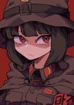  1girl :/ bangs black_hair blunt_bangs breast_pocket breasts brown_headwear buttons character_request closed_mouth collared_jacket commentary_request copyright_request ehfhfh_3712 face frown hat hat_belt highres hood hood_down jacket korean_commentary korean_text looking_at_viewer military military_uniform open_mouth pocket red_armband red_background red_eyes short_hair simple_background solo translation_request uniform upper_body 