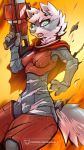  5_fingers 9:16 anthro armor cape clothed clothing damage damaged_clothing domestic_ferret female fingers fur gun hi_res kiaun mammal multicolored_body multicolored_fur mustela mustelid musteline open_mouth ranged_weapon red_armor solo text two_tone_body two_tone_fur weapon 