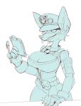  anthro breasts cleavage clipboard clothed clothing ear_piercing ear_ring female foretbwat freckles hi_res mammal monochrome murid murine officer_flint paper pen piercing police police_hat police_outfit police_uniform rat rodent smile solo tactical_gear tactical_gloves uniform 