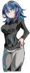  1girl alternate_costume black_shirt blue_hair breasts byleth_(fire_emblem) byleth_(fire_emblem)_(female) cowboy_shot enpe fire_emblem fire_emblem:_three_houses green_eyes grey_pants hair_between_eyes highres long_hair long_sleeves medium_breasts pants parted_lips shirt simple_background smile solo white_background 