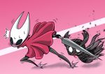  absurd_res anthro arthropod blood blush bodily_fluids duo female hi_res hollow_knight hornet_(hollow_knight) insect ironhollow1213 kunai looking_up male male/female melee_weapon nosebleed protagonist_(hollow_knight) shocked surprise sweat sword team_cherry upskirt video_games weapon 