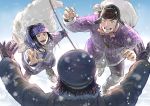  1girl 2boys :d ainu ainu_clothes asirpa banda black_hair black_headwear blue_eyes boots bow_(weapon) brown_gloves brown_hair brown_jacket cape facial_hair from_behind full_body fur_cape fur_trim ganpiro gloves goatee golden_kamuy grey_hair happy happy_tears hat holding holding_bow_(weapon) holding_weapon jacket jewelry jumping long_hair long_sleeves military_hat multiple_boys open_mouth outdoors outstretched_arms outstretched_hand purple_headband purple_jacket red_scarf ring sack scarf shiraishi_yoshitake short_hair sideburns smile snowing sugimoto_saichi tears upper_body upper_teeth weapon white_jacket 