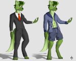  4_toes 5_fingers abs absurd_res ambiguous_gender anthro barefoot biped canid canine clothing duo fingers fluffy fluffy_tail fur green_body green_fur hi_res jacket looking_at_viewer male mammal realmonster red_eyes simple_background solo standing suit toes topwear 