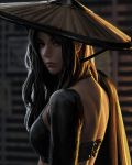  1girl absurdres bangs black_eyes black_hair blurry blurry_background breasts brown_headwear closed_mouth commentary depth_of_field english_commentary guweiz hat highres long_hair looking_at_viewer looking_to_the_side original parted_bangs small_breasts solo upper_body 