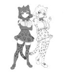  2girls animal_ears arm_behind_back bangs belt black_footwear black_jaguar_(kemono_friends) black_neckwear blush bow bowtie breasts character_request check_character crossed_arms elbow_gloves frilled_shirt frills full_body fur_trim gloves greyscale hand_up highres jaguar_(kemono_friends) jaguar_ears jaguar_girl jaguar_print jaguar_tail kemono_friends kona_ming large_breasts looking_at_viewer monochrome multiple_girls print_legwear shirt shoes short_hair short_sleeves simple_background skirt standing tail thighhighs white_background white_footwear 