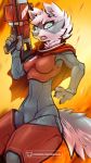  5_fingers 9:16 anthro armor cape clothing domestic_ferret female fingers fur gun hi_res kiaun mammal multicolored_body multicolored_fur mustela mustelid musteline open_mouth ranged_weapon red_armor solo text two_tone_body two_tone_fur weapon 
