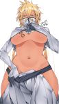  1girl bleach blonde_hair blue_eyes body_writing breasts cleavage commentary covered_mouth cowboy_shot dark_skin dated groin hair_between_eyes highres kuma_(jk0073) large_breasts long_hair looking_at_viewer navel pants partially_unzipped ribs shrug_(clothing) signature simple_background solo tier_harribel underboob white_background white_pants zipper 