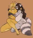  &lt;3 anthro areola blush breasts brown_body brown_fur brown_hair canid canine canis chubby_female cuddling domestic_dog driiadi duo eyes_closed female female/female fluffy fluffy_tail fur grey_body grey_fur hair hand_on_breast hi_res hug hunting_dog mabel_(cherrikissu) mammal pregnant procyonid raccoon renee_(codecreatures) saluki sighthound simple_background slightly_chubby 