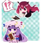  ! !? 2girls ? absurdres bangs black_dress blue_ribbon blunt_bangs blush book book_stack chibi commentary_request dress eyebrows_visible_through_hair hat hat_ribbon head_wings highres holding holding_book koakuma long_hair mob_cap multiple_girls open_mouth patchouli_knowledge pink_dress purple_eyes purple_hair red_eyes red_hair red_ribbon ribbon speech_bubble spoken_exclamation_mark spoken_question_mark sweatdrop touhou tsurime very_long_hair you_(noanoamoemoe) 