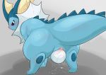  2020 black_nose blue_body blue_pawpads blue_skin blush bodily_fluids butt ear_fins eeveelution egg female feral fin frill_(anatomy) genital_fluids genitals head_fin hi_res looking_at_viewer looking_back marine membrane_(anatomy) membranous_frill nintendo oviposition pawpads pok&eacute;mon pok&eacute;mon_(species) purple_eyes pussy pussy_juice pussy_juice_drip pussy_juice_on_ground pussy_juice_puddle rear_view simple_background solo sweat tears type vaporeon video_games 
