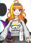  1girl adidas ahoge asacoco bangs blonde_hair blunt_bangs bottle bow braid casual chair chromatic_aberration closed_mouth dragon_girl dragon_tail eyebrows_visible_through_hair gamer_chair hairband highlights highres hololive horn_bow kiryuu_coco long_sleeves looking_at_viewer mouse_(computer) multicolored multicolored_eyes multicolored_hair mutant_dog no_horn orange_hair pointy_ears purple_eyes red_eyes scales simple_background single_braid sitting solo streaked_hair striped striped_hairband sweaty_clothes tail twitter_username upper_body white_background 