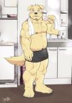  5_fingers anthro basket black_clothing black_underwear blush brush bulge canid canine canis claws clothed clothing cup domestic_dog dripping fangs fingers fur holding_object looking_at_viewer luwei_(artist) male mammal nipples pecs sink solo standing steam toe_claws toothbrush topless towel towel_around_neck underwear underwear_only yellow_body yellow_fur 