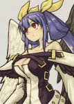  0g0nn 1girl angel_wings asymmetrical_wings bangs bare_shoulders belt blue_hair breasts cleavage cleavage_cutout closed_mouth clothing_cutout collarbone detached_sleeves dizzy_(guilty_gear) frown guilty_gear guilty_gear_xrd hair_between_eyes hair_ribbon hair_rings highres large_breasts long_hair looking_afar monster_girl red_eyes ribbon serious simple_background solo twintails wings yellow_ribbon 