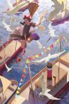  1girl absurdres artist_name awanqi bare_legs bird black_dress boat bow broom broom_riding dress flying hair_bow highres jiji_(majo_no_takkyuubin) kiki majo_no_takkyuubin parted_lips red_bow short_sleeves solo water watercraft white_bird wind 