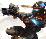  1boy b3_wingman crossed_arms dual_wielding from_side glowing gun handgun helmet highres holding holding_gun holding_weapon kotone_a looking_ahead pilot_(titanfall_2) pistol smoke smoking_gun solo titanfall_(series) titanfall_2 visor weapon white_background 