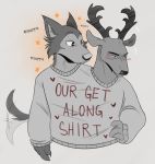  4_fingers anthro antlers beastars blush canid canine canis cervid claws clothing digital_media_(artwork) duo fingers fur get_along_shirt hand_on_hip horn legoshi_(beastars) looking_at_another louis_(beastars) male mammal shared_clothing shirt simple_background sniffing sparkles star_pupils tailwag text text_on_clothing text_on_shirt text_on_topwear thediyemi topwear wolf 