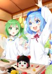  2girls :d absurdres apron arm_up bangs blue_bow blue_dress blue_eyes blue_hair blue_wings blush bow chopping cirno collared_shirt commentary_request commission cutting_board daiyousei detached_wings dress eyebrows_visible_through_hair fairy_wings food frilled_apron frills green_eyes green_hair hair_between_eyes hair_bow hakurei_reimu highres holding holding_knife ice ice_wings kappougi knife long_hair multiple_girls neck_ribbon open_mouth red_ribbon ribbon round_teeth ryuki_(ryukisukune) shirt side_ponytail skeb_commission smile teeth touhou transparent_wings upper_teeth white_apron white_shirt wings yellow_bow yellow_neckwear yukkuri_shiteitte_ne 