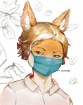  anthro blonde_hair canid canine clothing covid-19_pandemic facemask fox fur hair hi_res inner_ear_fluff light_owl male mammal purple_eyes shirt shirt_collar simple_background solo text topwear tuft white_background white_body white_fur yellow_body yellow_fur 