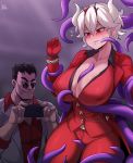  1boy 1girl absurdres beelzebub_(helltaker) between_breasts blush breasts bug business_suit cellphone cleavage demon_girl demon_horns fly flying_sweatdrops formal freckles helltaker helltaker_(character) highres holding holding_phone horns huge_breasts insect jmg large_breasts nervous phone purple_background red_eyes red_shirt red_suit restrained shirt short_hair smartphone smirk suit sunglasses sweatdrop taking_picture tentacles waistcoat white_hair white_horns white_suit 