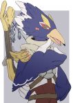  absurdres bird_boy bow_(weapon) braid commentary_request green_eyes grey_background hair_tie hand_up highres looking_at_viewer male_focus mi_(mrm1117) no_humans open_mouth revali rito scarf simple_background slit_pupils solo the_legend_of_zelda the_legend_of_zelda:_breath_of_the_wild thumbs_up upper_body weapon weapon_on_back white_background 
