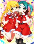  braid doughnut food holding holding_food in_mouth jumping monogatari_(series) msmrdaaaaa multicolored multicolored_background ononoki_yotsugi oshino_shinobu santa_costume thighhighs twintails 