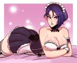  1girl absurdres ass asymmetrical_hair bed_sheet blush breasts choker cleavage collarbone highres large_breasts looking_at_viewer maid maid_headdress purple_eyes purple_hair scruffyturtles shamir_nevrand short_hair sigh solo thighhighs 