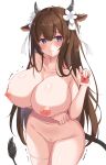  1girl animal_ears artist_request azur_lane blush breasts brown_hair condom cow_ears cow_girl cow_horns cow_tail eyebrows_visible_through_hair female_pubic_hair flower hair_flower hair_ornament hair_ribbon highres holding holding_condom horns huge_breasts kashino_(azur_lane) long_hair nipples pubic_hair ribbon simple_background skindentation solo tail thigh_strap very_long_hair white_background white_flower white_ribbon 