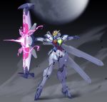  absurdres after_war_gundam_x glowing glowing_eyes green_eyes gundam gundam_x_divider highres holding holding_weapon mecha moon no_humans open_hand redesign science_fiction solo v-fin weapon zhu_fun 